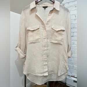 Massimo Dutti 100% Linen Button Down Shirt Beige Neutral Roll Tab Sleeve Size M